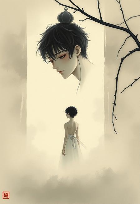A serene, introspective male figure, knight and vulnerable, is bathed in the soft, diffused light of a Japanese-inspired setting. The sumi-e ink wash painting style is employed to create a sense of subtlety and restraint, with gentle brushstrokes and muted tones. In the foreground, the subject's delicate form is rendered in subtle chiaroscuro, as if illuminated by a faint, otherworldly glow. The overall composition exudes a sense of quiet contemplation, inviting the viewer to step into the peaceful, zen-like atmosphere., masterpiece,best quality,official art, extremely detailed 8k wallpaper,absurdres,8k resolution