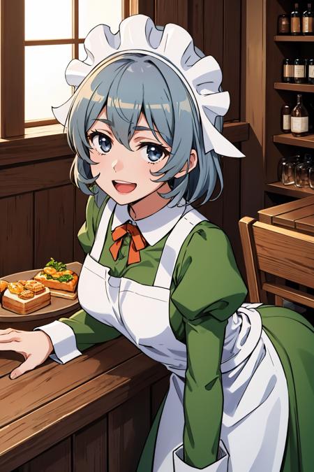 masterpiece, best quality, <lora:syrflova-nvwls-v1-000009:0.9> syr flova, grey hair, maid headdress, green dress, apron, leaning forward, tavern, looking at viewer, smile, open mouth