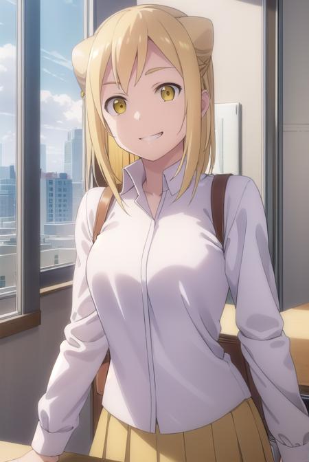 hikaritakanashi, <lora:hikari takanashi s1-lora-nochekaiser:1>,
hikari takanashi, medium hair, blonde hair, (yellow eyes:1.5), fang, hair bun, double bun, cone hair bun, smile, grin,
BREAK skirt, shirt, school uniform, white shirt, pleated skirt, brown skirt,
BREAK indoors, classroom,
BREAK looking at viewer, (cowboy shot:1.5),
BREAK <lyco:GoodHands-beta2:1>, (masterpiece:1.2), best quality, high resolution, unity 8k wallpaper, (illustration:0.8), (beautiful detailed eyes:1.6), extremely detailed face, perfect lighting, extremely detailed CG, (perfect hands, perfect anatomy),