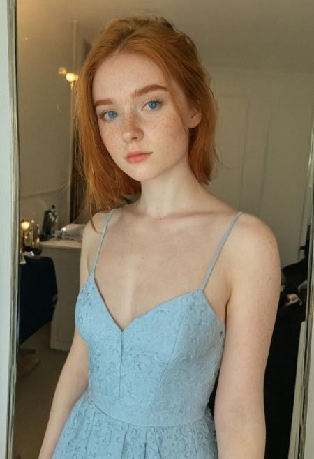 analog photo, a 20 year old girl, eye liner, ginger hair, freckles, seductive, sensual, slutty, evening dress, cleavage, blue eyes,  grand room, mirror selfie