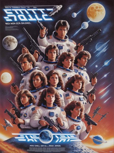 80s movie poster, a group of men and women wearing space suits and holding guns, space background, moon, highly detailed, masterpiece<lora:80s Movie Poster Style:1>