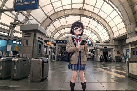 best quality, ultra-detailed, illustration,
1girl, glasses, school uniform, bag, jacket, holding, smartphone,
kaisatsu, automatic ticket gate, train station, scenery, sign, real world location, indoors, ceiling
 <lora:kokusai_tenjijyo_eki_SD15_V1_DIM4:1>