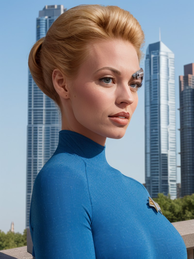 woman <lora:7of9-768:0.7>  7of9 full body shot bright blue summer sky skyscrapers highly detailed skin, skin pores, vellus...