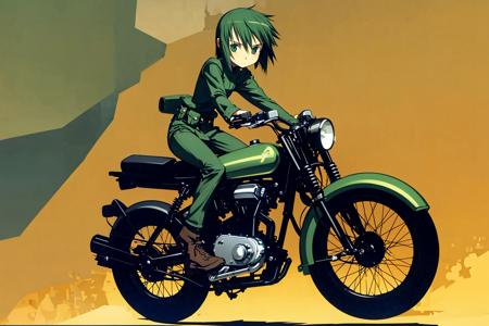 1girl, short hair, long hair, green uniform, goggles,  motorcycle,