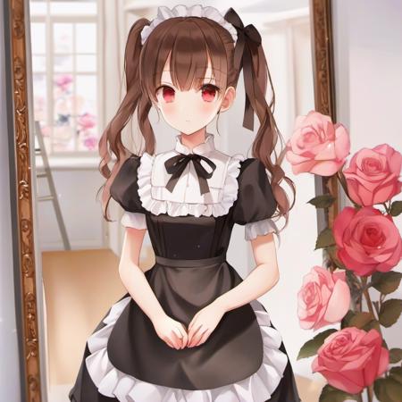 1girl, black dress, black ribbon, red flower, pink flower, pink rose, brown eyes, twintails, blurry, blurry background, apron, blush, closed mouth, different reflection, dress, drill hair, flower, hair ribbon, holding, indoors, long hair, looking at viewer, maid, mirror, neck ribbon, painting (object), photo (object), picture frame, puffy short sleeves, puffy sleeves, reflection, ribbon, rose, short sleeves, solo, twin drills, upper body, vase, waist apron