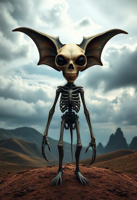 The image depicts a surreal, otherworldly creature standing on a textured landscape under a sky filled with dramatic clouds and faint cosmic patterns. The creature is characterized by a skeletal face with large, bulbous eyes that dominate its alien-like visage. Its bat-like ears are oversized and membranous, adding to its eerie appearance. The body is thin and slightly hunched, covered in wispy fur, with long, bony arms and claw-like fingers. The creature's sharp, fang-like teeth protrude ominously, creating a sinister expression. The background features rolling hills and jagged peaks, with an ethereal, dreamlike quality that enhances the fantastical and unsettling atmosphere.