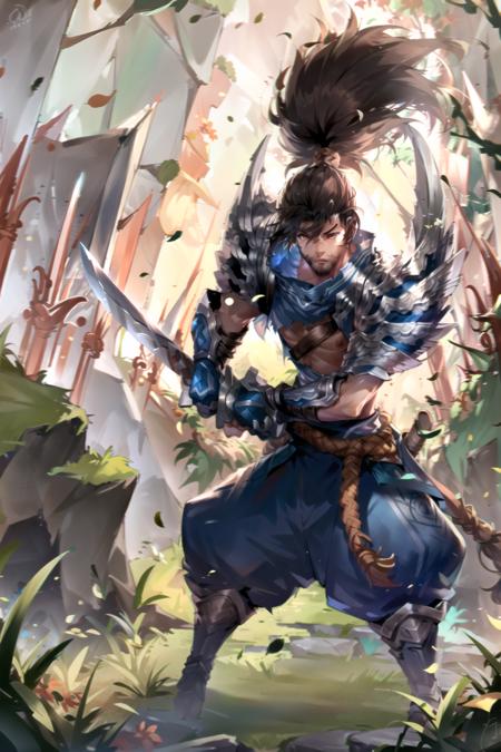 yasuo, league of legends, yasuo_(league_of_legends), 1boy, weapon, male focus, sword, facial hair, solo, beard, sheath, ponytail, brown hair, holding, long hair, holding weapon, armor, brown eyes, outdoors, holding sword, katana, muscular, tree, looking at viewer