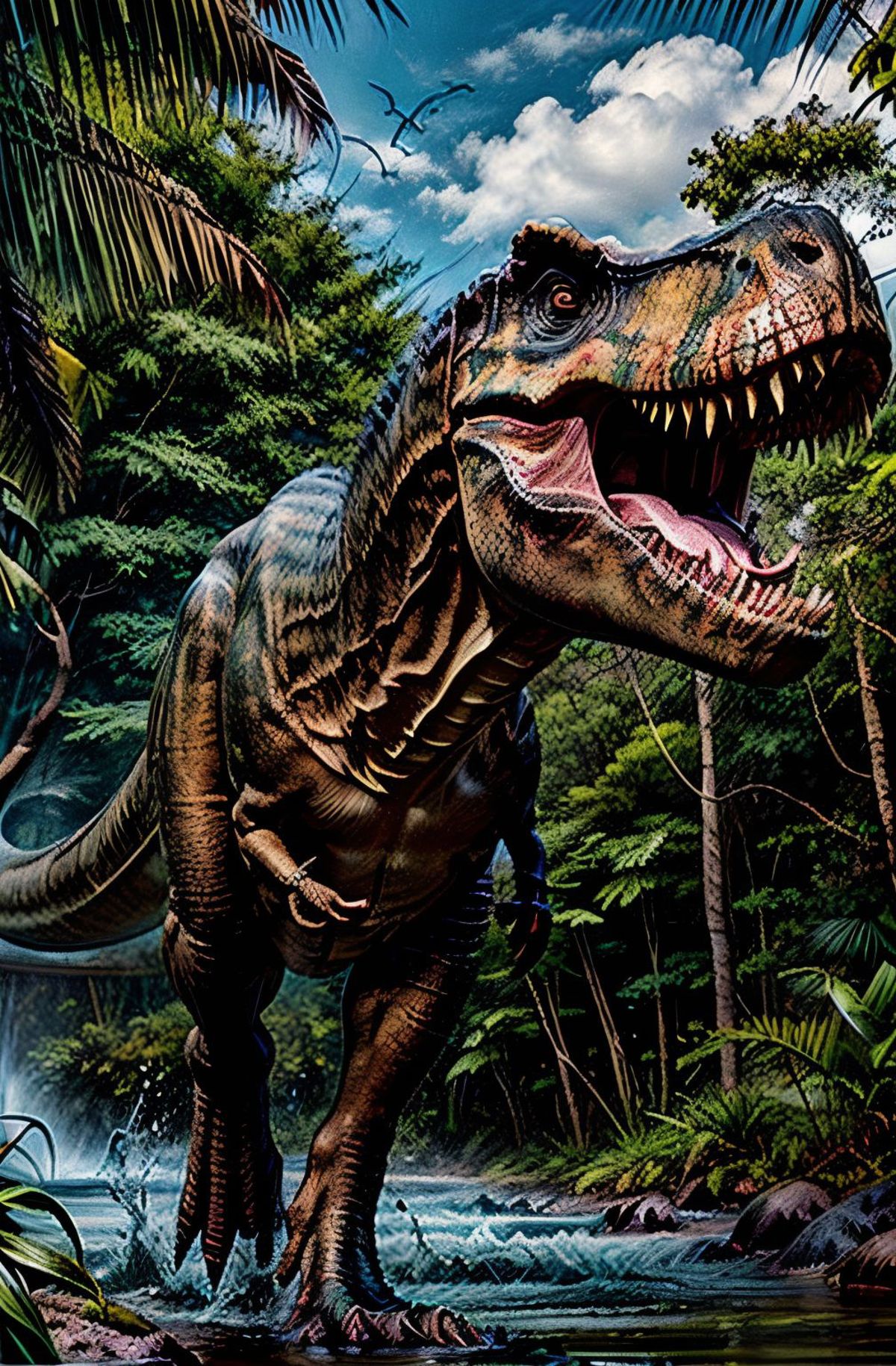 A T-Rex with open mouth in a jungle setting.