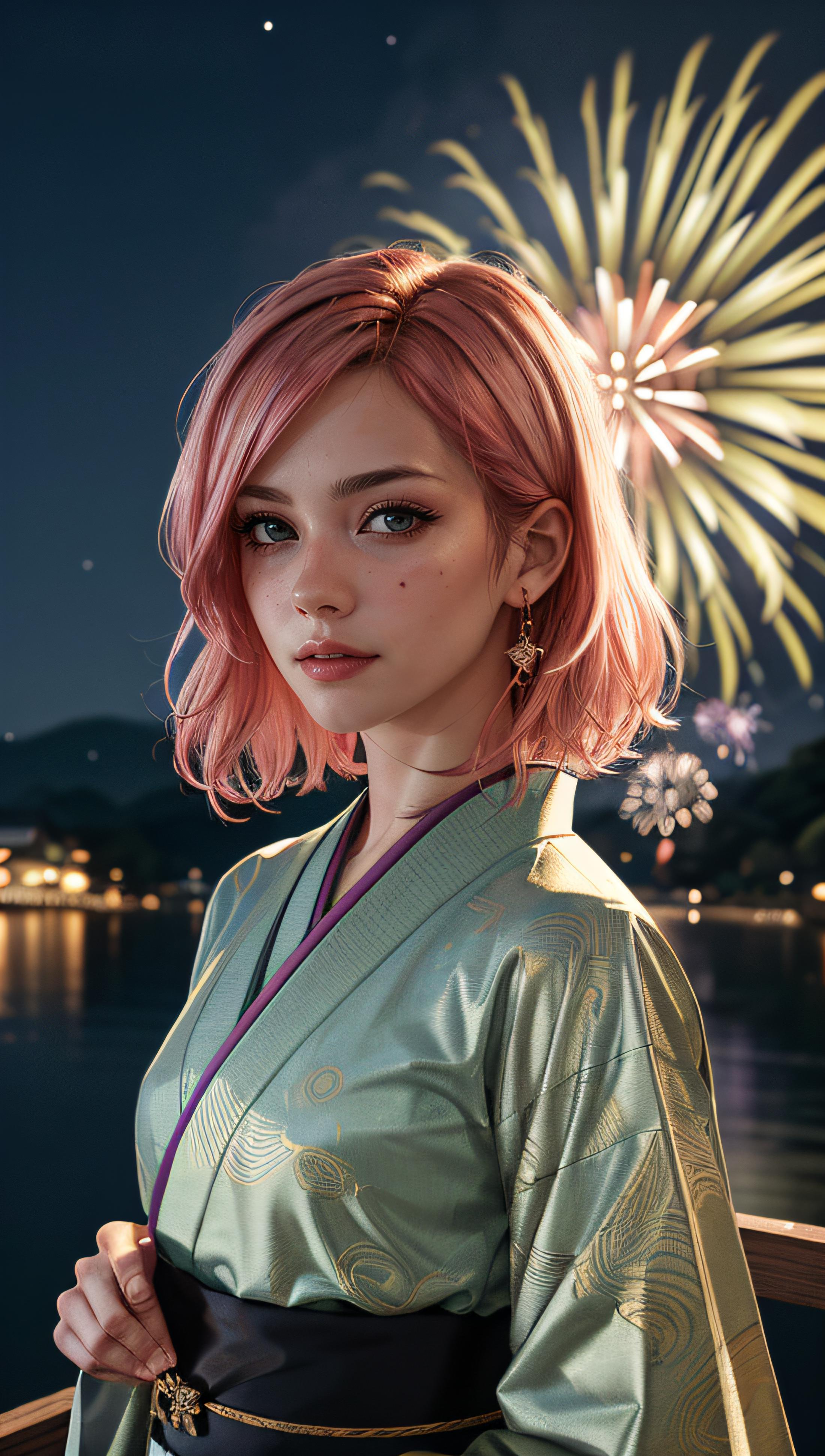 Pink-Haired Woman in a Kimono Standing by the Water with Fireworks in the Background
