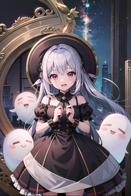 [((masterpiece, best quality:1.4)), (((extremely detailed))), sharp image:1.4, (high quality, highres:1.4)], 1girl, chibi:2, haunted theme park, haunted by chibi ghosts, cute, whimsical, glow, glowing, fun, silly, mystical, monster,