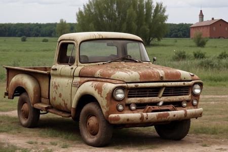 a shitty old brown soviet pickup truck from the 1960's, ugly, sad, rusty, rust holes, poor styling, farm in the background, USSR,