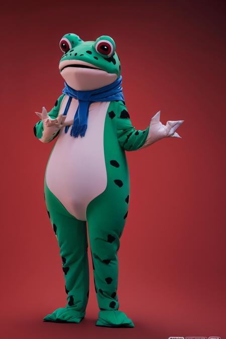 ,ruanyi0642,animal costume,blue scarf,frog,((red background)),<lora:0642 frog animal costume_v1:1>, best quality,masterpiece,highres,official art,extremely detailed cg unity 8k wallpaper