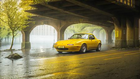 photo of yellow MazdaMiata looking down a long tunnel with fog, wet cobblestone street light reflections, high quality photo, lens flare, bokeh, 8k resolution, gobo lights, warm ambient light, volumetric light, neon lights, depth of field, analog, foggy atmosphere, lens flares, light bloom, portra 800 film,  <lora:MazdaMiatav1:.8>,  <lora:analogdiffusion_Lora300:.2>