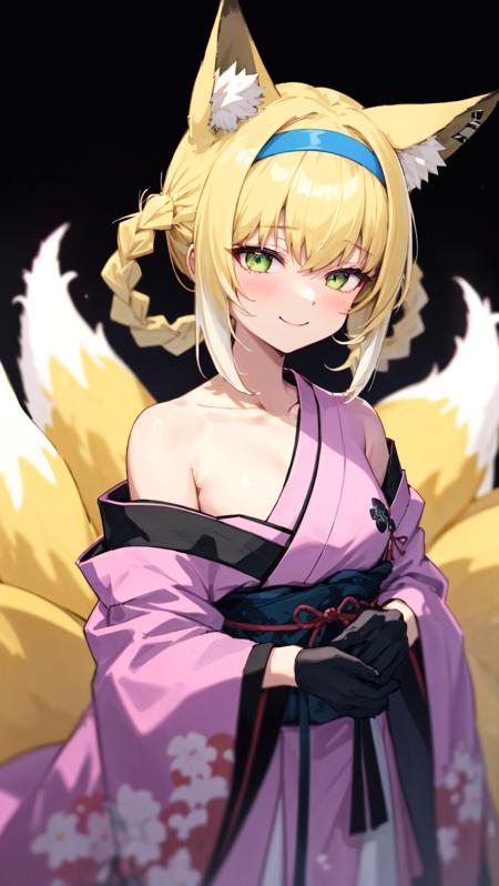 1girl, solo,
suzuran \(arknights\), arknights, green eyes, animal ear fluff, blonde hair, hairband, braided hair rings, fox ears, fox girl, fox tail, kitsune, multiple tails, hair rings, off shoulders, collarbone,
wearing pink kimono with floral print, japanese clothes, happy, half closed eyes,
black background