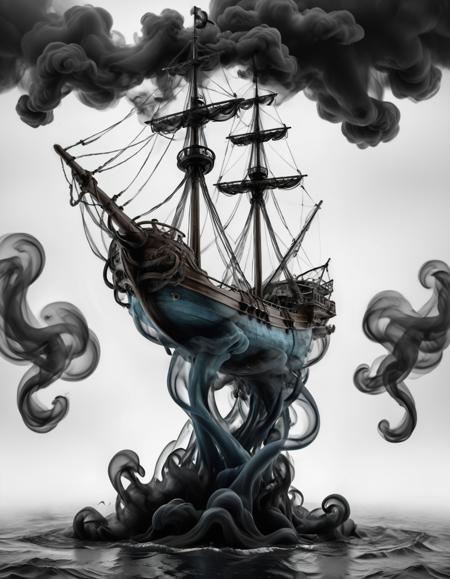 ocean, sea, wooden ship, cloudy, storm, fog, smoke, evil, photorealistic 3d render, nvidia graphics, cgi,  dark theme, blue,  <lora:Gloom:0.6>