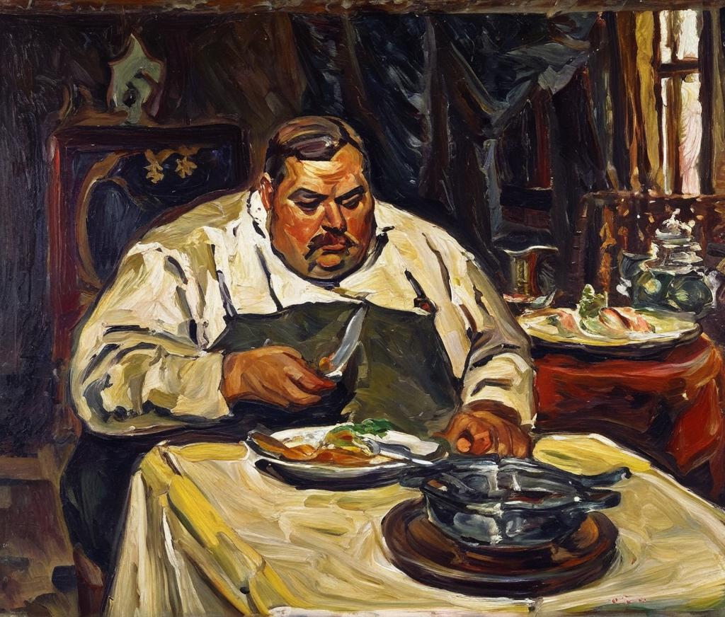 Obese man eating oil painting Civitai