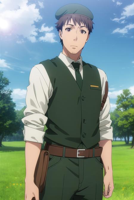 youjiitami, <lora:youji itami s1s2-lora-nochekaiser:1>,
youji itami, brown hair, (brown eyes:1.5), male focus, mature male,
BREAK shirt, hat, white shirt, necktie, collared shirt, belt, pants, uniform, beret, green necktie,
BREAK outdoors, forest, nature, grass, trees, sun, sky, clouds,
BREAK looking at viewer, (cowboy shot:1.5),
BREAK <lyco:GoodHands-beta2:1>, (masterpiece:1.2), best quality, high resolution, unity 8k wallpaper, (illustration:0.8), (beautiful detailed eyes:1.6), extremely detailed face, perfect lighting, extremely detailed CG, (perfect hands, perfect anatomy),