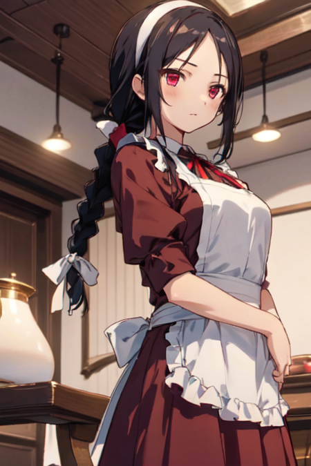 KakeiMihaya, 1girl, solo, long hair, black hair, red eyes, ribbon, single braid, hairband, apron, maid, 