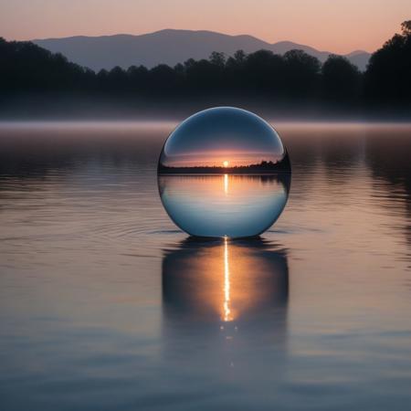 An infinite, calm water surface stretches across the scene, reflecting the soft pastel hues of a serene sunset. Above the water floats a perfectly round, transparent glass sphere, glistening faintly with refracted light, its surface shimmering with refracted light that captures faint glimmers of distant stars and the silhouettes of serene trees. Surrounding the sphere are delicate ripples in the water, creating a mesmerizing interplay of motion and stillness. Distant mountains fade into the misty horizon, adding depth and tranquility. The sphere's transparency captures hints of the sky and surroundings, merging the ethereal with the natural in a harmonious, surreal atmosphere.