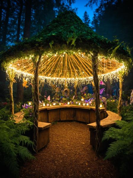 An image of a fairy market,as imagined from our conversation. This market is a whimsical and enchanting place,filled with vibrant colors and magical energy. The stalls are crafted from natural materials  leaves,flowers,and vines,blending seamlessly into the surrounding enchanted forest. The vendors are fairies,each with their unique appearance,selling a variety of magical items,from glowing potions and enchanted jewelry to mystical artifacts and rare ingredients. The air is filled with the soft glow of fairy lights,the tinkling of delicate music,and the flutter of fairy wings. The atmosphere is joyful and lively,with fairies and other mystical creatures mingling and trading in good spirits. The background is a lush,magical forest,with towering trees and a canopy that filters the sunlight into a kaleidoscope of colors,creating a dreamlike and otherworldly ambiance,