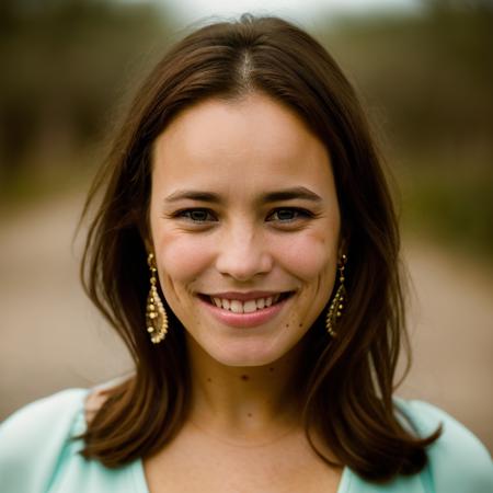 Realistic photo of a beautiful r4ch3lm-v2 woman, 1girl, solo, long hair, looking at viewer, smile, brown hair, jewelry, upper body, earrings, teeth, mole, grin, lips, mole under eye, messy hair, portrait, freckles, realistic, mole on neck, mole on cheek, soft lighting, professional Photography, Photorealistic, detailed, RAW, analog, sharp focus, 8k, HD, DSLR, high quality, Fujifilm XT3, film grain, award winning, masterpiece<lora:r4ch3lm-v2:1.0>