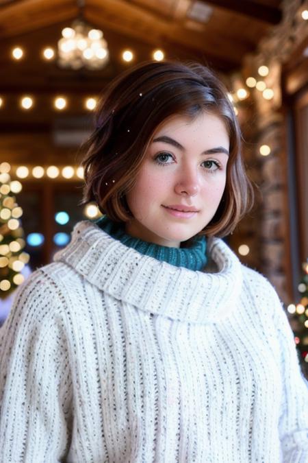 a beautiful young woman <lora:ariaSki:1> snuggling inside on a cold day at the ski lodge in a white knit christmas sweater, RAW, UHD, 8K, short brown hair, perfect face, highly detailed face, upper body, close up, candid, amateur, cute smile, cute eyes