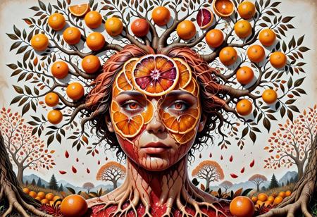 lazypos,
masterpiece, high quality, high-res, 
blood orange style,
a painting of a woman face made up of blood oranges, her hair are tree roots that cover the canvas with blood orange  leaves, psytrance artwork, colorful autumn trees, depicted as a 3 d render, flower storm portrait, colour print, fractal human silhouette, rooted lineage, serene emotions, connectedness, character creation
(extra detailed:1.1), realistic