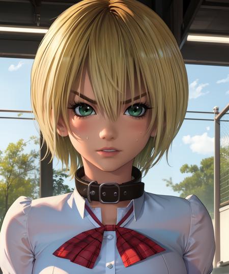 Tsukasa,blonde hair,green eyes,short hair, serious,  looking at viewer, 
white school uniform,collar,
upper body,standing,
school gym,deim lighting,
(insanely detailed, beautiful detailed face, masterpiece, best quality),solo,<lora:Tsukasa:0.8>,