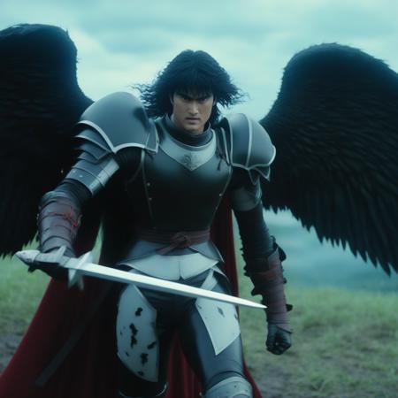 1man,solo, guts from berserk preparing to fight against the god hand,masterpiece,live actionanime,raw photo,cinematic shot,scene from live action berserk, mud,explosions,no-man's land,long hair,chiseled jawline,armor,white wings,<lora:duftmonmerge:1>