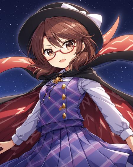 usami sumireko,1girl, solo, glasses, cape, open_mouth, crossed_arms, skirt, red-framed_eyewear, floating_cape, plaid, shirt, :d, long_sleeves, hat_bow, vest, night, v-shaped_eyebrows
<lora:usami_sumireko_image1686_2023-12-20-000014:1>,star-shaped_pupils,symbol-shaped_pupils,. gorgeous,key visual, vibrant, studio anime,award-winning, professional, highly detailed,high budget, cinemascope