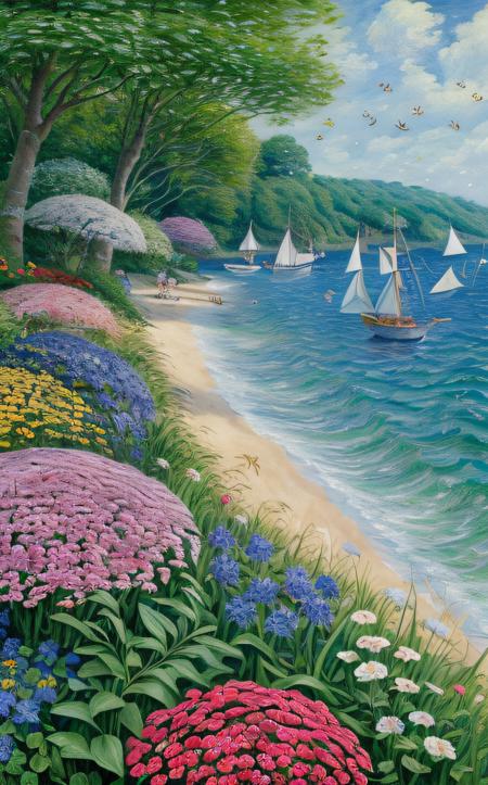 Nautical-themed ((best quality:1.4)), ((masterpiece:1.4)), (detailed:1.3), 8K, vibrant flower garden in full bloom, diverse species of flowers, rich and varied colors, butterflies and bees hovering, dew-covered petals, (sunlit:1.3), (soft bokeh background:1.4), peaceful and serene atmosphere, intricate leaf and petal details, in the style of Claude Monet, low-angle shot. . Sea, ocean, ships, maritime, beach, marine life, highly detailed