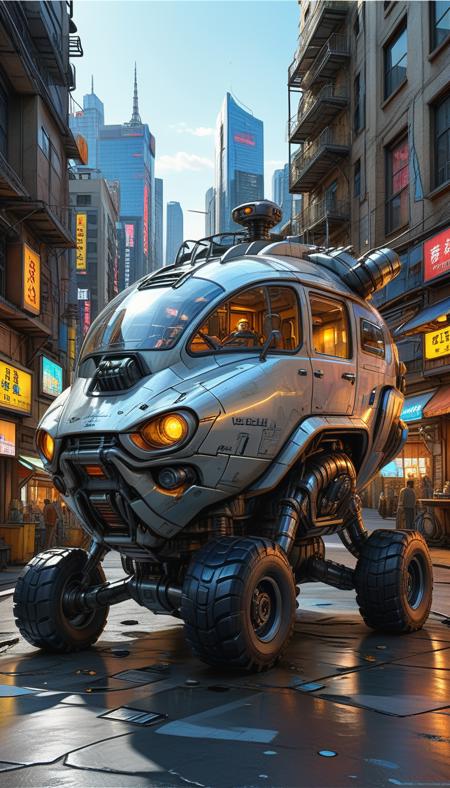 (cel-shading:2)+, (in ARTIST style:1.6), (masterpiece:1.7), hyperrealism, glossy, shinny,
clear image, accurate picture, clear picture, precise image, focused image, Science fiction style, Science fiction,
(cozy comfy,  no humans, science fiction, vehicle focus, robot, (neon cyberpunk city background),  mecha, wheeled vehicle, silver, glass, transparent, car)
comic style, (ultra sharp focus:2), (thin lines:2),
(best quality:1.8),
<lora:Apparatus_-_Traction_City_Walkers_Vehicles:0.8>,