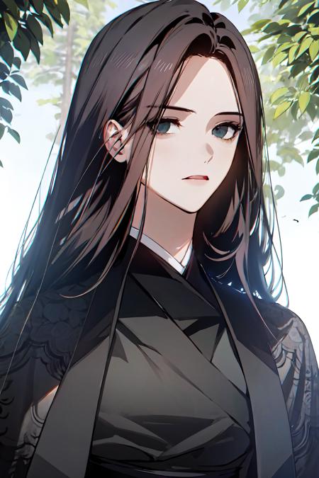 heavenly demon 1girl, solo, long hair, expressionless, black chinese clothes, long sleeves, black eyes, 