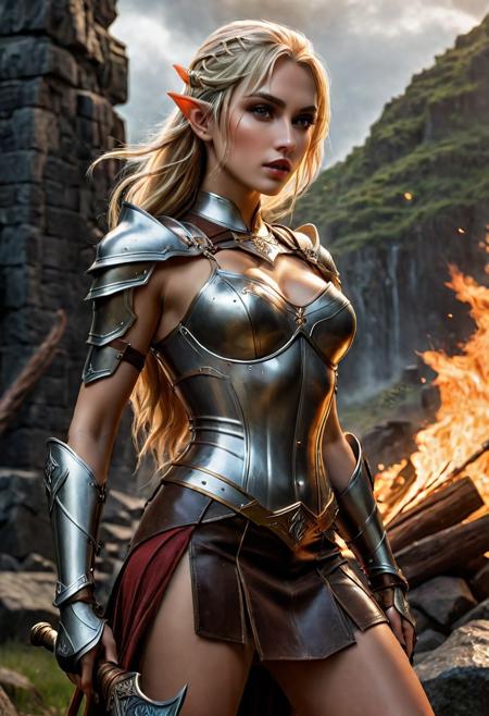 High resolution ultra-realistic of Beautiful Warrior Elf girl, 8k, capturing the intensity of the moment, cinematic lighting, standing on a bloody and stormy battlefield, wavy blonde hair, realistic dirty pale face, realistic dark brown eyes, fire, intricately designed iron armor, mini skirt, LOTR Aesthetic, perfect athletic figure, beautiful Warrior elf girl, fire, ultra realistic, cinematic style, athletic figure, dark fantasy, dramatic lighting, Greg Rutkowski style,, Warrior Elf girl on in iron armor, hyper-detailed, hyper-realistic, bright colours, Attractive 21 old years girl, Attractive, beautiful firm Breasts, sharp focus, digital painting, Photograph Taken on Nikon D750, Alphonse Mucha, 8K, athletic figure, Hyperdetailed, hyperrealism, Attractive, Attractive bust girl, asymmetric balance