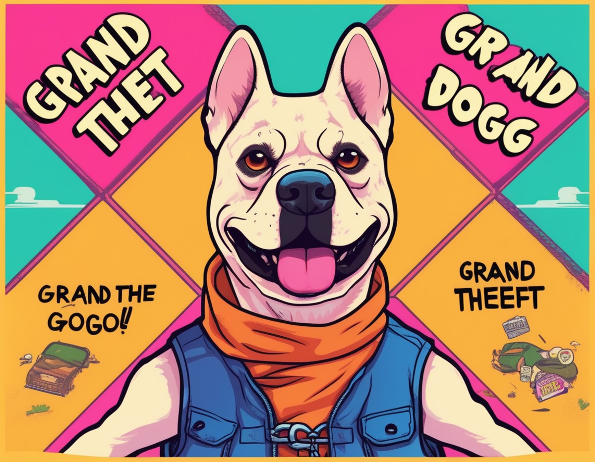 GTA-style artwork grand theft doggo, ((showing text "GRAND THEFT DOGGO")) . Satirical, exaggerated, pop art style, vibrant...