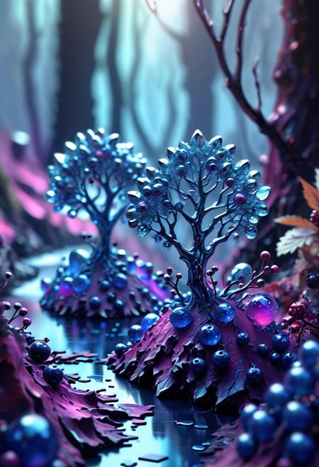 Digital high-tech forest dryads, beautiful landscape with a river in the far angle, close-up macro photography shiny sapphire crystal berries, gloss of a broken puzzle, velvet silence style, three-dimensional dark matter, quantum stereo effect, fantastic nuclear chaos inside berries, gradient color scheme, haze of moire mauveton, extremely realistic, high quality 32k design