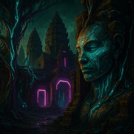 Angkor Wat reimagined as a vast, dystopian biopunk temple complex. Ancient stone towers are fused with biomechanical growths, organic sinewy cables, and tangled roots that glow with eerie neon veins of aquamarine and purple. Massive stone faces are partially transformed with cybernetic circuits etched into their features, illuminated with bioluminescent patterns. The temple walls are cracked and overgrown with biomechanical trees, their trunks pulsing with glowing liquid. Strange pink and blue neon lights outline the temple entrances, casting an ominous glow on the mossy ruins. The atmosphere is dark and foggy, with scattered sparks, misty steam vents, and a jungle overrun by technology and organic mutation. Ultra-detailed, hyper-realistic, cinematic lighting, and a haunting, otherworldly mood.