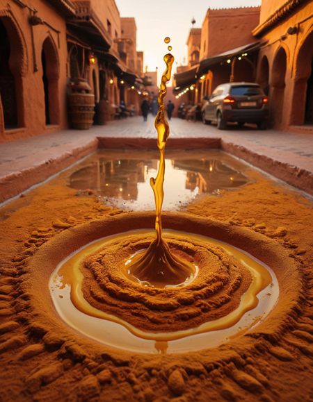 modelshoot style shot of a Biomorphic Fluid ral-spicecurry, inside of a Unconventional Medina of Marrakesh, at Sunset, Proud, Depth of field 270mm, Elegant, charming, <lora:ral-spicecurry:0.9>, complimentary colors, advanced cinematic perfect light, fine detail, beautiful detailed, epic, delicate