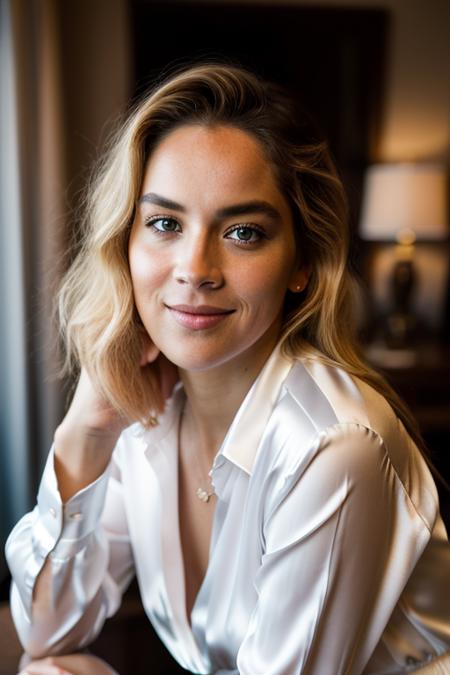 Realistic photo of a beautiful sh4r0ns-v2 woman,   1girl, solo, long hair, looking at viewer, smile, (((blonde hair))), shirt, long sleeves, jewelry, sitting, white shirt, lips, see-through, ring, realistic, soft lighting, professional Photography, Photorealistic, detailed, RAW, analog, sharp focus, 8k, HD, DSLR, high quality, Fujifilm XT3, film grain, award winning, masterpiece<lora:sh4r0ns-v2:1.0>