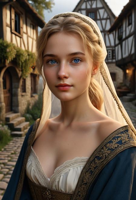 (Masterpiece, ultra-high resolution, hyper-realistic, cinematic lighting, breathtaking details, 8K HDR, medieval realism, timeless beauty, soft and moody atmosphere, photorealism).
A dutch girl as a young and small but well rounded breathtakingly beautiful medieval girl stands in a rustic village landscape, slight overweight, wrapped in a simple, weathered coat that drapes over her slender figure. Fair complexion, The fabric is worn yet elegant, subtly outlining the natural curves of her body as it clings gently in the cool air. Her long blonde hair is done in a ponytail and (((covered with a veil))), framing her delicate, feminine face with striking dark blue eyes that hold an air of mystery and quiet strength. ((eye contact))
The setting is softly lit by golden morning light, filtering through the mist, casting a warm glow on her smooth, natural skin. The rough medieval village, with wooden huts and cobblestone paths, fades into a dreamy background, ensuring the focus remains on her.
She has a demure little smile on her face, conveying a subtle allure and natural confidence. She clutches her coat lightly, decolletage, adding a hint of intimacy and timeless sensuality.
(Ethereal beauty, historical portrait, medieval realism, soft wind in hair, raw and pure atmosphere, poetic and cinematic composition, moody medieval village, ultra-HD textures, deeply emotive and immersive scene.)