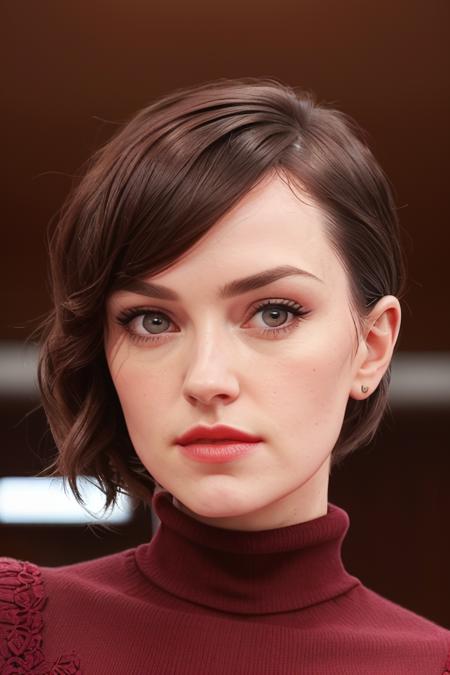 photo of daisyr-1836, ((dark red hair, pixie cut, )), a woman, ((turtleneck sweater)), ((closeup, portrait)), ((conference room)),((red lipstick,eyeliner, eye shadow, blush)), ((best quality, masterpiece, extreme details, high resolution):1.2),((detailed eyes, beautiful eyes, detailed face, beautiful face):1.2)