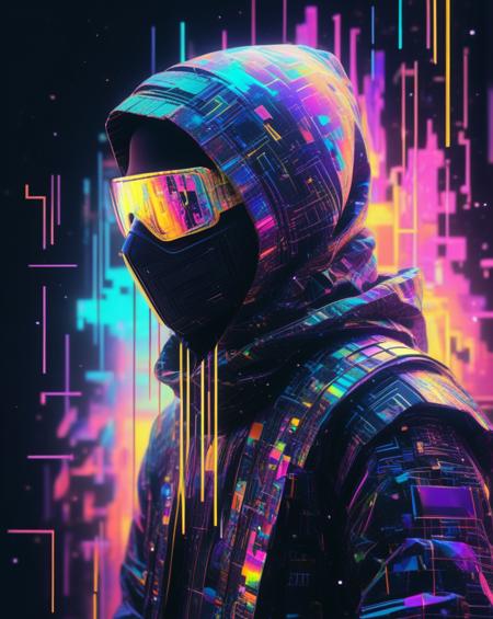 Illuminated ninja in the style of golden glitched rainbow. Snow is falling as holographic colored baroque geometric patterns float around the canvas in the style of colorful digital art. The image has a cyberpunk aesthetic with a glitchy distortion and psychedelic color palette. Black background, neon lights, glitch art, surrealism, high contrast, vibrant colors, psychedelic patterns, ethereal glow. The overall mood should be one of spiritual contemplation and otherworldly beauty. It's like something in the style of science fiction.