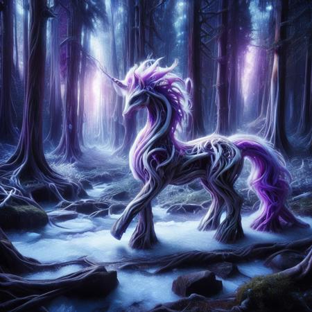 In the forest,outside,morph-treeroots, rarity,mysterious ,purple mane,white fur, aurora, ice, neon, fantasy
