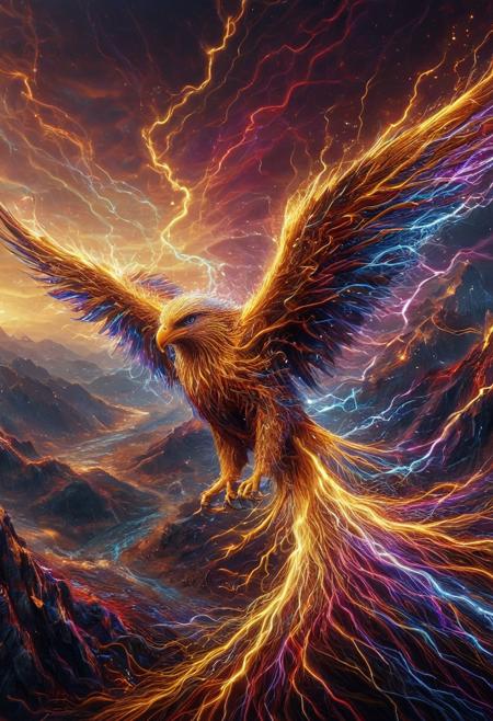 aidmamj6.1, made of golden and blue and red and yellow and purple lightning thunder trails, lthndrtrl, 
Powerful eagle soaring above a mountain range,sharp talons outstretched, intense gaze, wind rushing through its feathers, ultra-realistic photo, 8k resolution, best quality, masterpiece, realistic, detailed, cinematic lighting, sharp focus,