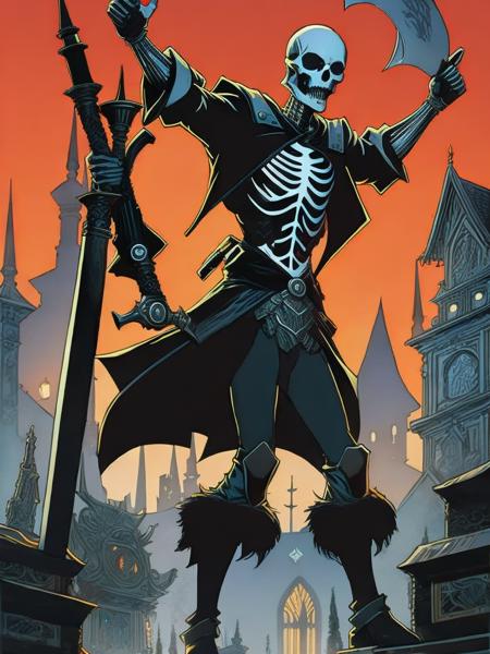 <lora:MikeMignola:1>a comic book cover with a skeleton holding a sword and standing in front of a graveyard by Mike Mignola