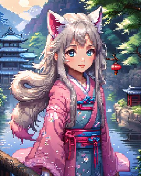 pixel art,
original,(masterpiece),(illustration),(extremely fine and beautiful),(perfect details),(unity CG 8K wallpaper:1.05),(beautiful and clear background:1.25),(depth of field:0.7),(1 cute girl with (2 fox ear:0.9) and (fox tail on the back:1.2) stands aside the river:1.15),child,yong,cute face,(cute:1.3),(detailed beautiful eyes:1.3),(beautiful face:1.3),silver hair,silver ear,(pink hair:0.7),(pink ear:0.7),long hair,(japanese kimomo:1.25),(hair blowing with the wind:1.1),(blue eye:1.1),(little girl:1.1),butterflys flying around,(moon light:0.6),tree,(summer),(night:1.2),(close-up:0.35),(gloves:0.8),solo,