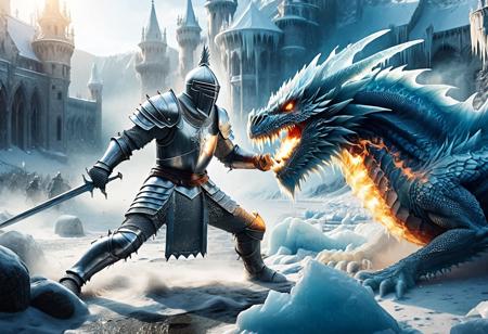 <lora:add-detail-xl:1> fighting  
A knight in shining silver armor fighting
A fr0stwrld fire breathing ice Dragon <lora:Fr0stWrld4:1>