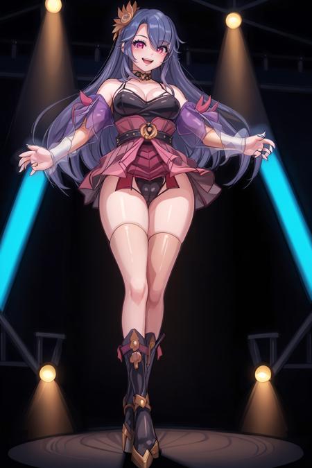 dancing, 4k, absurdres, realistic, spirit_eye_celine, lewd, panties, flashing, nsfw, pussy_peek, magical_girl, microskirt, looking_at_viewer, red_eyes, stage, laughing, absurdly_long_hair, full_body, solo, spotlight, on a stage <lora:spirit_eye_celine_v1.1-000013:0.70>