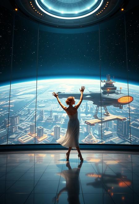 a beautiful elegant female dancer is dancing on a futuristic stage micro-LED lighted, behind the dancer on the stage is an enormous seamless and futuristic wall to wall and floor to ceiling window that looks out at a planet from low orbit, the planet is covered with the lights of enormous buildings and cities, An enormous deco starship with futuristic lighting and an enormous space station are visible in the background among the stars, Artistic art deco, dynamic perspective, (((overall architectural aesthetic is Art Deco Cyberpunk))).  Epic image that elicits a feeling of wonder and awe,