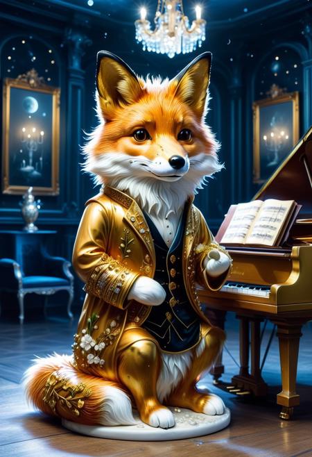 embedding:lazypos, animal, feral animal, surrealist animal, no human, sfw, 
The Porcelain Foxglove
Character: A fox with foxglove blossoms sprouting from its fur, its body crafted from cracked porcelain with liquid gold filling the seams.
Activity: Sitting at a grand piano, playing a melancholic waltz.
Background: A moonlit ballroom where the chandeliers are frozen tears, and the floor mirrors a starless sky.
Tragic Origin: It was once a musician whose music was deemed too sorrowful—so the world silenced it in porcelain.
Glowing Transformation: Each note played makes the gold in its cracks pulse like a heartbeat.